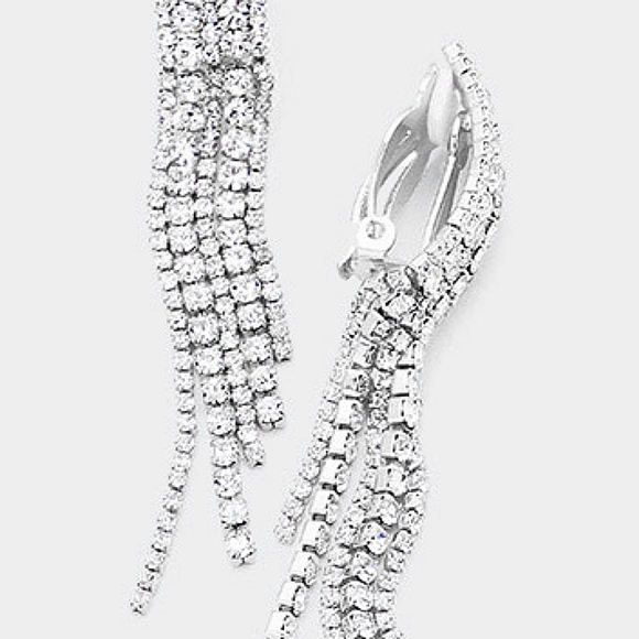 Rhinestone Silver ClipOn Fringe Dangle Earrings 3" Fashion Statement Accessory - Picture 3 of 3